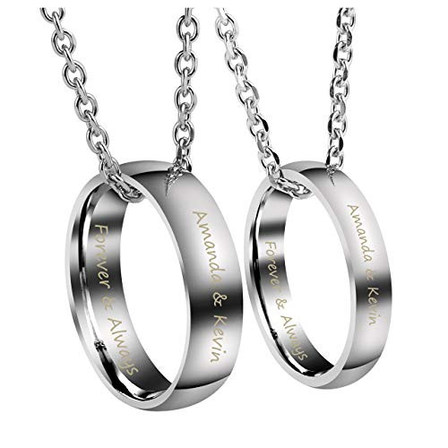 Jovivi Personalized Custom Couples Necklace Engraved Name Love Heart His  and  Hers Matching Rings Set for Men Women Stainless Steel Pendant Necklaces
