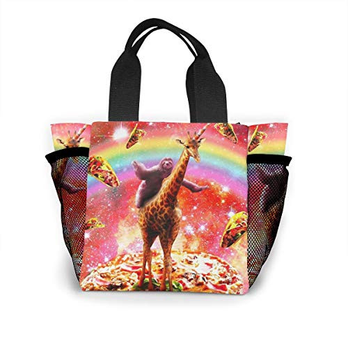 QBahoe Shopping Bags Space Sloth Riding Giraffe Unicorn Pizza Taco Insulated Portable Carry Tote School Office Travel Lunch Bag Box Container Pouch Food Carrying Holder Case