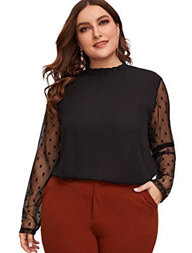 Romwe Women's Plus Size Mesh Long Sleeve Polka Dots Mock Neck Blouse Top Shirts Black2 4X