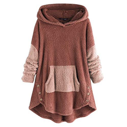 Forthery-Women Long Sleeve Patchwork Leopard Print Fuzzy Fleece Pullover Outwear Sweatshirt Coat with Pocket Orange