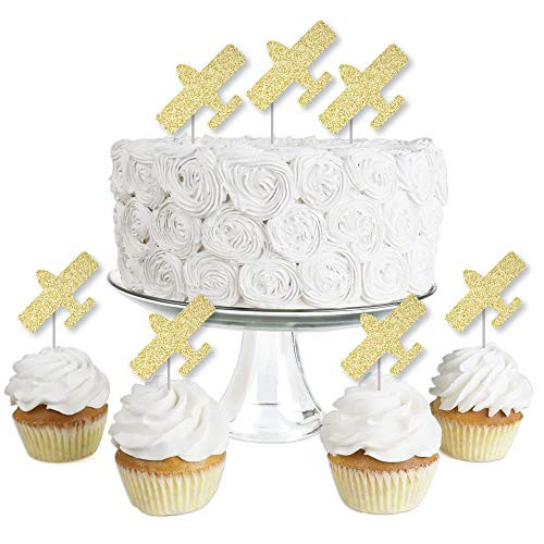 Gold Glitter Airplane - No-Mess Real Gold Glitter Dessert Cupcake Toppers - Baby Shower or Birthday Party Clear Treat Picks - Set of 24