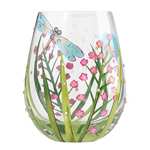 Enesco Lolita Stemless Wine Glass Dragonfly, Artisan-Blown Glass with Hand-Painted Design