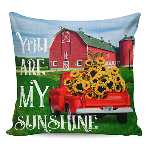 Throw Pillow Covers Cushion Case for Home Decor Farm Red Barn Truck with Sunflower You are My Sunshine Square Throw Pillow Cover Cushion Covers Pillowcase for Sofa Bedroom Car 24x24 inch