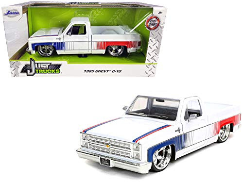 1985 Chevy Silverado C-10 Pickup Truck with Custom Cartelli Wheels White with Blue and Red Graphics Just Trucks 1/24 Diecast Model Car by Jada 32683 1985 Chevy Silverado C-10 Pickup Truck with Custom Cartelli Wheels White with Blue and Red Graphics Just Trucks 1/24 Diecast Model Car by Jada 32683