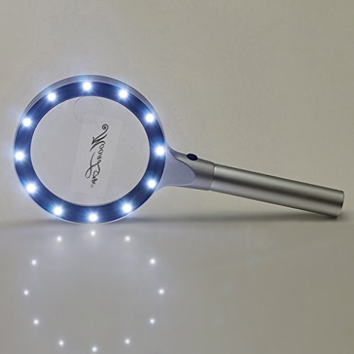 12 LED Lights Metal Magnifier 5X 10X Handheld Reading Loupe Magnifier 85mm, Battery Powered Illuminated Magnifying Glass for Reading,Soldering Repair,Inspection,Coins,Rock,Science,Craft and Hobby