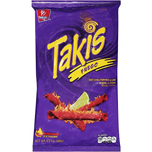 Takis Fuego Hot Chili Pepper  and  Lime Tortilla Chips, 9.9-Ounce Bag 1 Pack - SET OF 4