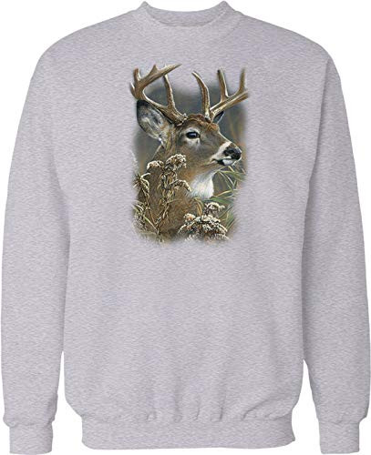 Hoodteez Big Buck, Deer Hunting Crew Neck Sweatshirt, L LtGray