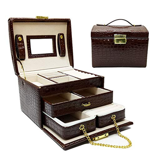 3-Layer Jewelry Box PU Leather Lockable Mirrored Jewelry Organizer with 2 Drawers Travel Storage Case for Bracelets, Necklaces, Rings, Earrings Brown