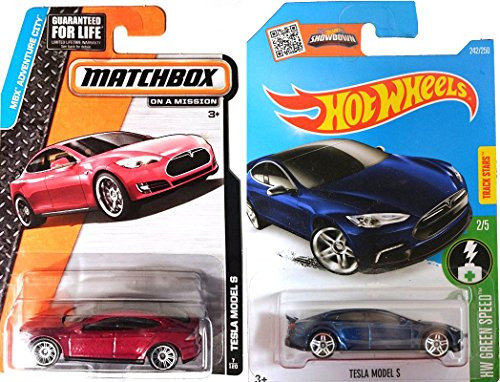 Tesla Model S Hot Wheels 242 HW Green Speed 2016  and  Matchbox 7 Red New Casting 2015 in PROTECTIVE CASES