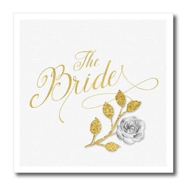3D Rose Faux Gold Leaf and Silver for The Bride Typography with White Rose Iron On Heat Transfer 8 x 8,