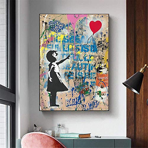 Girl with Balloon Wall Art Canvas Poster Print Graffiti Canvas Painting Office Living Room Home Decoration Decoration 50X70Cm Frameless