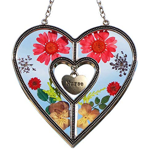 Nurse Heart Stained Glass Suncatcher for Windows Nurse Suncatcher with Pressed Flower Heart - Heart Suncatcher - Nurse Gifts Gift for Nurse's Day 4.754.75