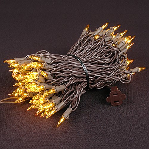 Novelty Lights 100 Light Yellow Christmas Mini String Light Set, Brown Wire, Indoor/Outdoor UL Listed, 50' Long
