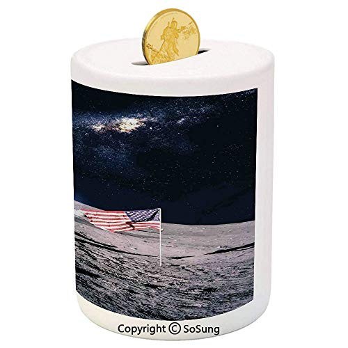 SoSung Outer Space Decor Ceramic Piggy Bank,Moon Astronaut on Universe with American Flag Milky Way Future Picture 3D Printed Ceramic Coin Bank Money Box for Kids  and  Adults,Brown Blue