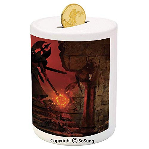 SoSung Horror Decor Ceramic Piggy Bank,Barbarian Evil Demonic Character Fictional Video Game Person Scary Artsy Graphic 3D Printed Ceramic Coin Bank Money Box for Kids  and  Adults,Red