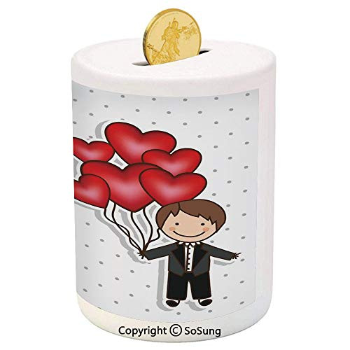 Wedding Decorations Ceramic Piggy Bank,Funny Cute Cartoon Style Newlyweds with Heart Shaped Balloons Dots 3D Printed Ceramic Coin Bank Money Box for Kids  and  Adults,Red White Black Wedding Decorations Ceramic Piggy Bank,Funny Cute Cartoon Style Newlyweds with Heart Shaped Balloons Dots 3D Printed Ceramic Coin Bank Money Box for Kids  and  Adults,Red White Black