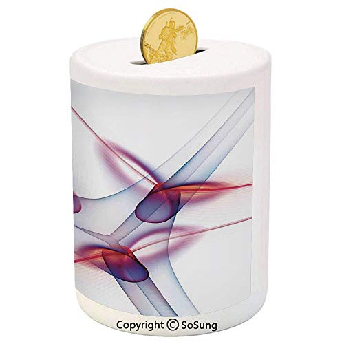 Spires Decor Ceramic Piggy Bank,Contemporary Graphic of Artisan Spiral Molecular Wavy Scientific Cell Print 3D Printed Ceramic Coin Bank Money Box for Kids  and  Adults,Red Blue