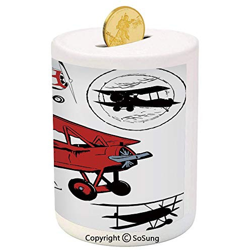 SoSung Vintage Airplane Decor Ceramic Piggy Bank,Collection of Various Biplanes Nostalgic Antique Silhouettes 3D Printed Ceramic Coin Bank Money Box for Kids  and  Adults,Red White Black