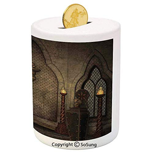 Gothic Ceramic Piggy Bank,Fantasy Scene with Old Fashioned Wooden Torch and Skull Candlesticks in Dark Spooky Room 3D Printed Ceramic Coin Bank Money Box for Kids  and  Adults,Brown