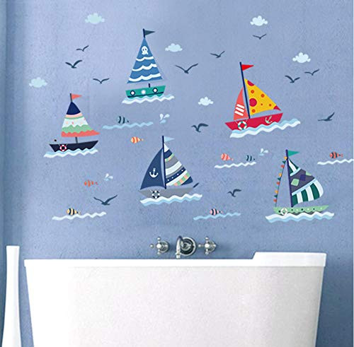 FYluck Sea View Cartoon Sailing Boat Children's Room Wall Stickers Home Decoration Glass Window Background Wall Stickers Poster Stickers