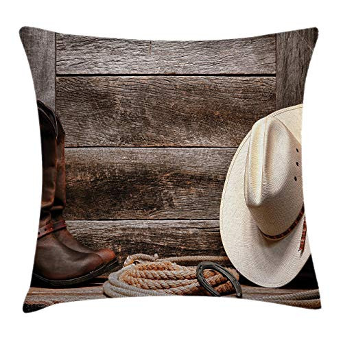 SZZWY Western Throw Pillow Cushion Cover, American West Rodeo Traditional Straw Cowboy Hat Leather Boots Print, Decorative Square Accent Pillow Case, 16inch X 16inch , Brown Tan SZZWY Western Throw Pillow Cushion Cover, American West Rodeo Traditional Straw Cowboy Hat Leather Boots Print, Decorative Square Accent Pillow Case, 16inch X 16inch , Brown Tan