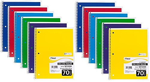 Mead Spiral Notebook, College Ruled, 1 Subject, 70 Sheets, 7.5" x 10.5", 12 Pack, Assorted Colors (05512-12)