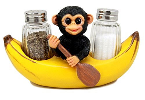 Atlantic Collectibles Baby Monkey Rowing In Banana Boat Salt & Pepper Shakers Holder Figurine Set