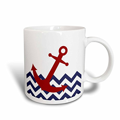 3dRose mug_165791_2 Red Nautical Boat Anchor on Chevron Pattern Ceramic Mug, 15 oz, White
