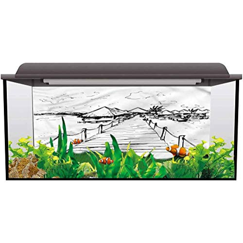 ScottDecor PVC Aquarium Background Hawaiian,Sketch Style Dock Tiki Hut PVC Adhesive Static Cling Backdrop Decorative Paper L24 X H16 Inch