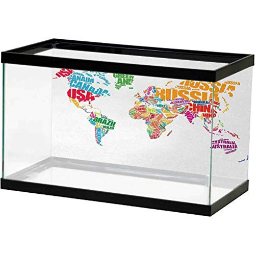 bybyhome Aquarium Background Sticker WorldMap,WorldMapwithNamesoftheCountriesEuropeAmericaAfricaGraphicStyle,Multicolor Static Cling L24 X H16 inch