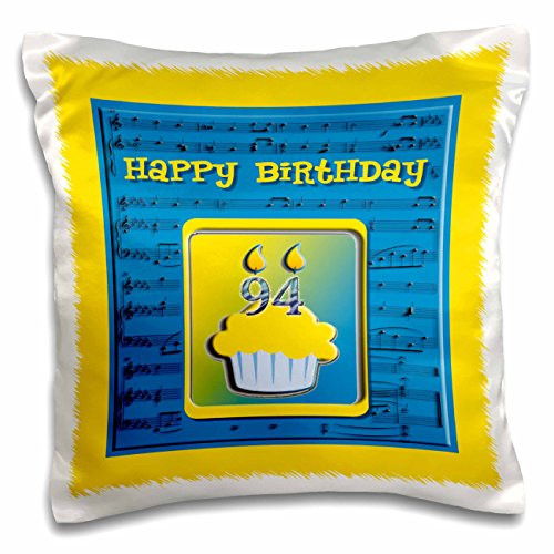 3dRose 94th Birthday Cupcake on Music Notes, Blue and Yellow - Pillow Case, 16 by 16-inch (pc_98969_1)
