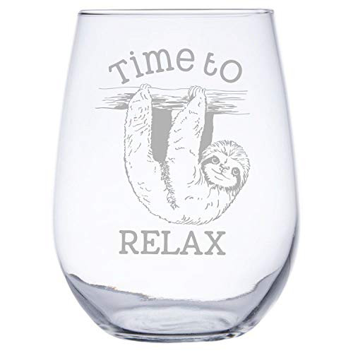 Time to RELAX Sloth 17 ounce Laser Engraved Stemless Wine Glass by InkPonyArt