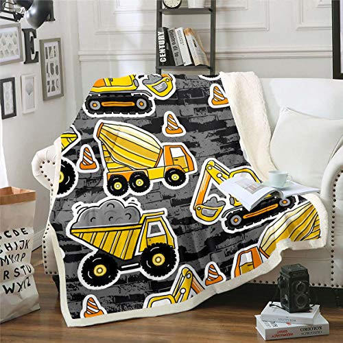 Under Construction Blanket Throw Construction Vehicle Sherpa Blanket For Kids Boys Cartoon Truck Crane Excavator Fleece Blanket Heavy Machinery Equipment Fuzzy Blanket Baby 30inch x40inch  Child Room Decor
