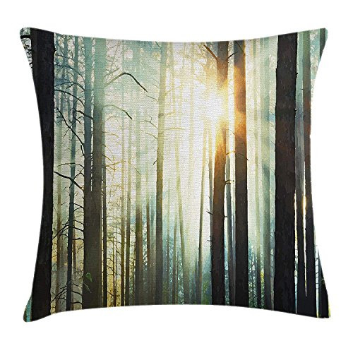 Nature Throw Pillow Cushion Cover, Mist in The Enchanted Forest Sunbeams Painting Effect Digital Art Image, Decorative Square Accent Pillow Case, Seafoam Dark Brown