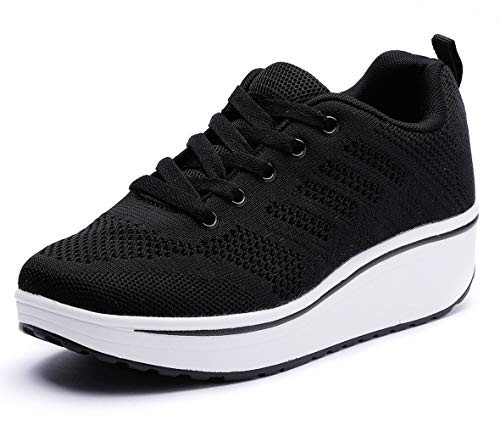 DADAWEN Women's Platform Wedge Tennis Walking Shoes Breathable Lightweight Casual Comfort Fashion Sneaker Black US Size 5