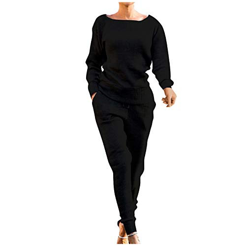 Missli Womens Rib-Knit Pullover Sweater Top  and  Long Pants Set 2 Piece Outfits Tracksuit Solid Color Long Sleeve Pullover Top