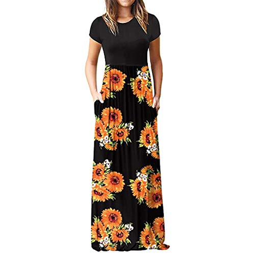 Chaofanjiancai Elegant Women's Maxi Dress Floral Printed Summer Short Sleeves Casual O-Neck Long Maxi Dress