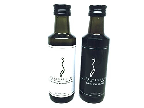 NEW Calivirgin Premium Extra Virgin Olive Oil and Balsamic Vinegar Set - 1 Premium EVOO 100ml, 1 Barrel Aged Balsamic Vinegar 100ml - 100 percent Organic California Oil - Modena, Italy Vinegar