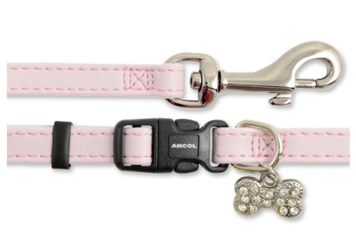 Ancol Small Bite Jewel Collar adjusts 20-30cm  and  Lead 1m x 10mm Set Pink