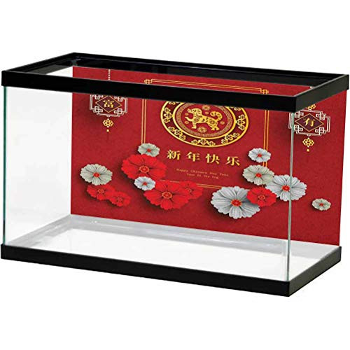 Year of The Dog Aquarium Backdrop Sticker New Year Pattern with Chinese Motifs on Scales Background Photography Background Undersea Backdrop Vermilion Yellow and White L36 X H20 Inch