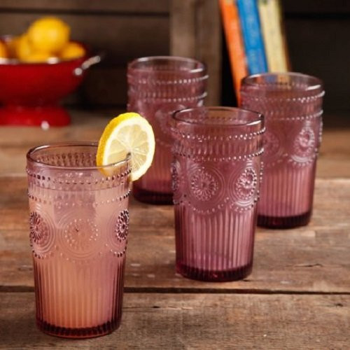 The Pioneer Woman Adeline 16-Ounce Emboss Glass Tumblers, Set of 4, Plum/Purple