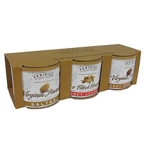 FERIDIES Variety Pack Peanut and Snack Mix Gift Set - Vacuum Sealed Tins Salted Virginia Peanuts, Honey Roasted Peanuts and 5 Oclock Crunch Snack Mix