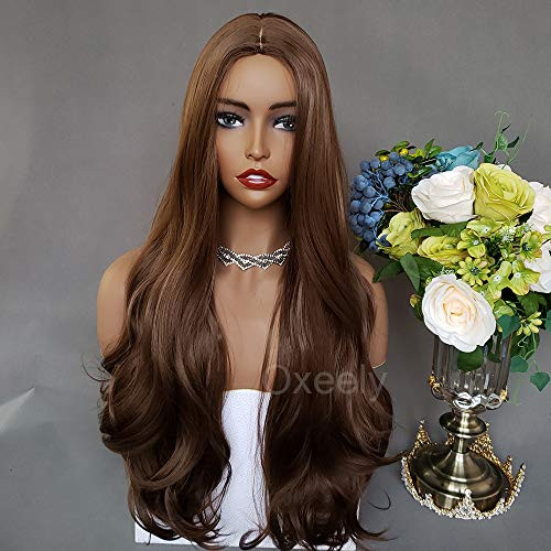Oxeely Brown Natural Long Wavy Curly Hair Synthetic Wigs for Women Middle Part Deep Heat Resistant Hair Replacement Wig