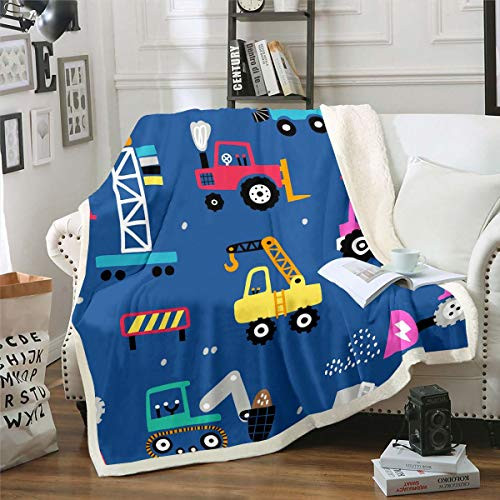 Kids Excavator Sherpa Blanket Construction Vehicles Plush Blanket Cartoon Heavy Machinery Cars Fleece Throw Blanket for Sofa Couch Bed Dark Blue Fuzzy Blanket Ultra Soft Room Decor Throw 50x60 Inch