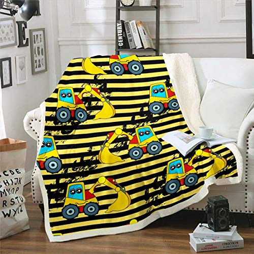 Boys Excavators Fuzzy Blanket Cartoon Construction Car Fleece Sherpa Blanket for Sofa Couch Heavy Machinery Vehicles Print Decor Plush Throw Blanket Yellow Black Stripe Flannel Blanket Throw 50inch x60inch
