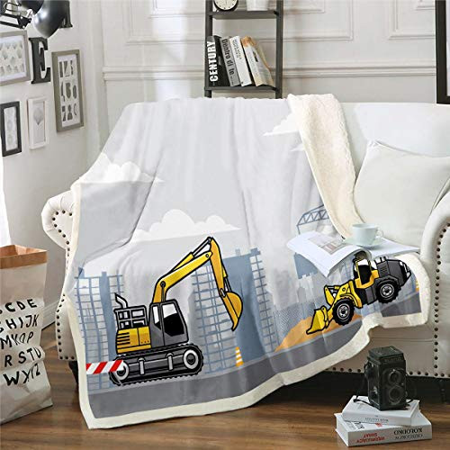 Construction Plush Blanket Cartoon Excavator Printed Sherpa Blanket for Kids Boys Girls Heavy Machinery Truck Fleece Throw Blanket 3D Vehicle Fuzzy Blanket for Sofa Bed Couch,Throw 50x60 Inch