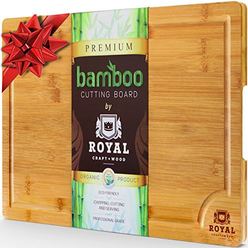 EXTRA LARGE Organic Bamboo Cutting Board with Juice Groove - Best Kitchen Chopping Board for Meat (Butcher Block) Cheese and Vegetables | Anti Microbial Heavy Duty Serving Tray w/ Handles - 18 x 12