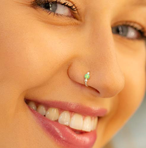 Silver Nose Ring - Opal piercing Hoop 20 gauge - Tiny Piercings Nose Rings hoop - Green Opal nose hoops - Thin Nose Hoop - Green opal piercing