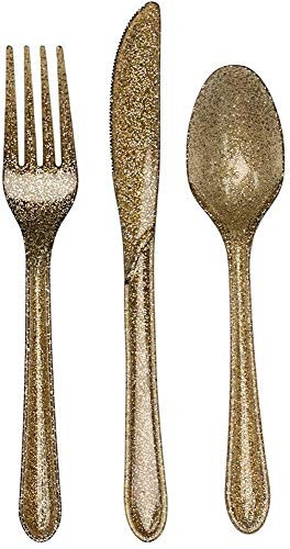 Creative Converting Premium Plastic Glitz Gold Glitter Cutlery  24 Utensils Per Package