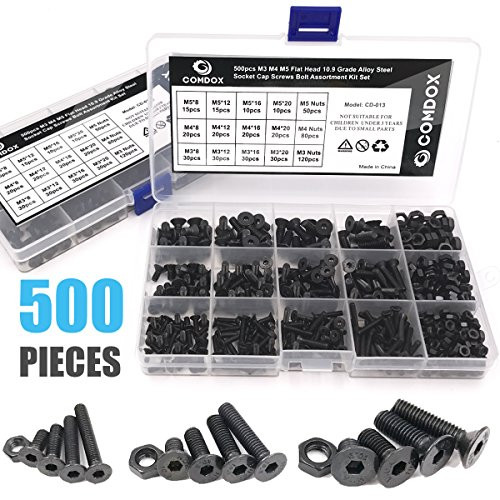 Comdox 500pcs Alloy Steel Socket Cap Screws Hex Head Bolt Nuts Assortment Kit with Box, Allen Socket Drive, Fully Threaded, Black Oxide Finish (M3 M4 M5)